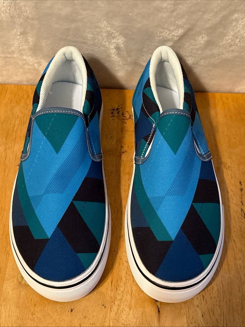 New Premier Slip-On Flats in Teal, Blue & Black Geometric Print